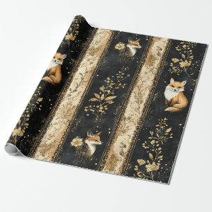 Luxury Black & Gold Botanical Fox Pattern Wrapping Paper