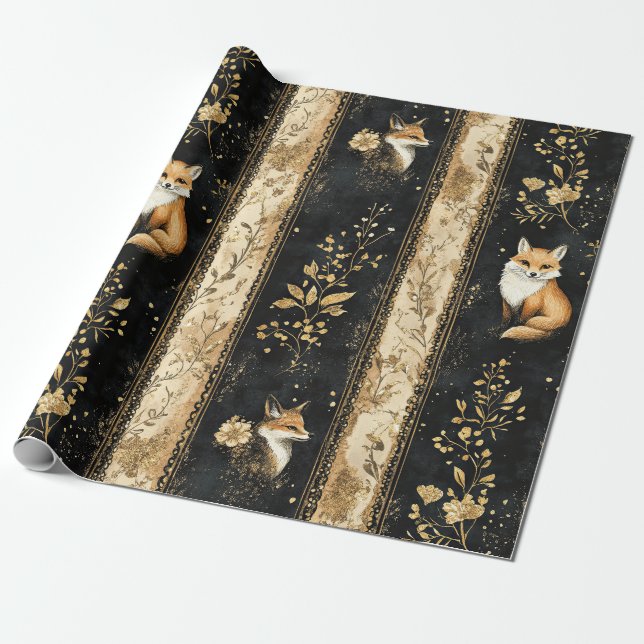 Luxury Black & Gold Botanical Fox Pattern Wrapping Paper (Unrolled)