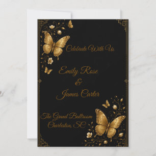 Luxury Black Gold Butterfly Wedding Invitation