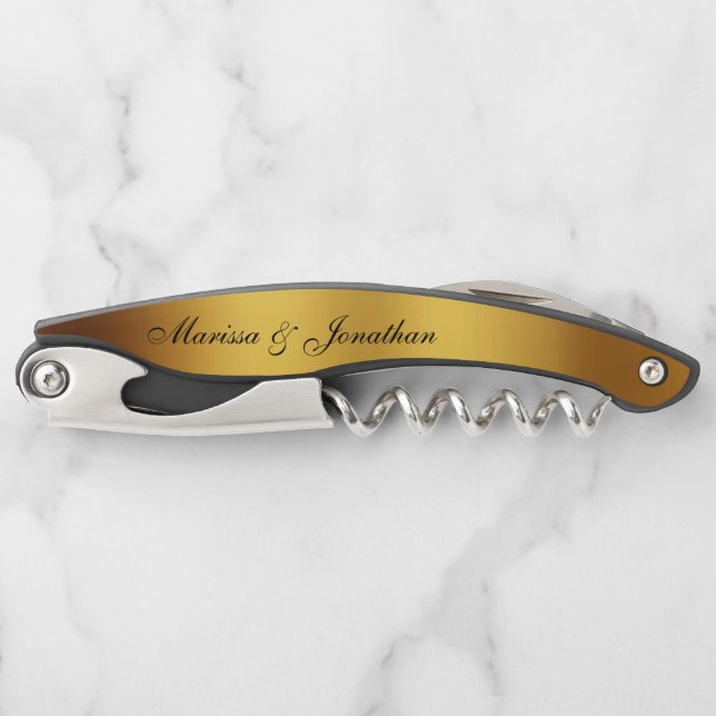 Luxury Black Gold Calligraphy Border Wedding Corkscrew (Front)
