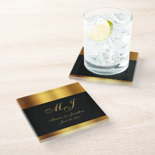 Luxury Black Gold Calligraphy Border Wedding Glass Coaster