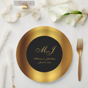 Luxury Black Gold Calligraphy Border Wedding Paper Plate
