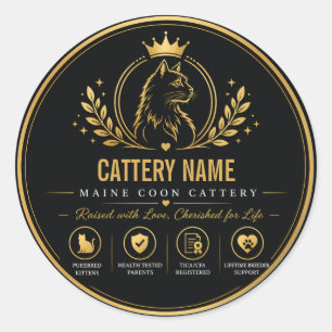 Luxury Black & Gold Custom Maine Coon Cattery Classic Round Sticker