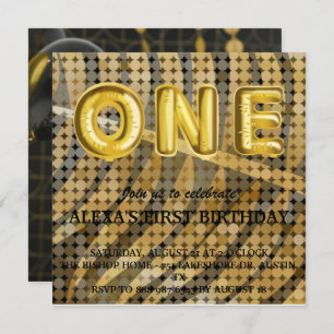 Luxury Black Gold disco Photo Birthday Invitation