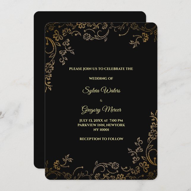 Luxury Black & Gold Elegant Floral Modern Bohemian Invitation (Front/Back)