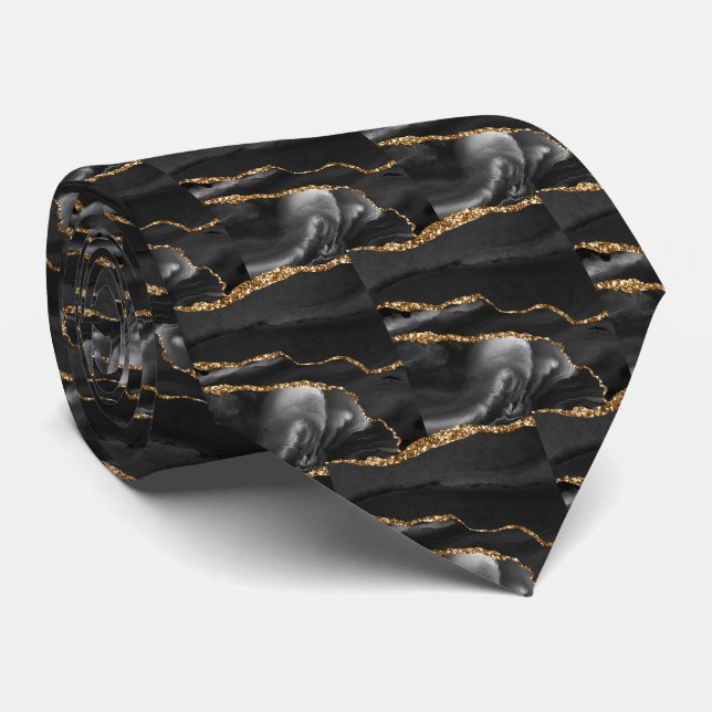 Luxury Black Gold Faux Glitter Faux Silk Tie (Rolled)