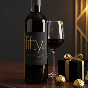 Luxury Black Gold Fifty and Fabulous Birthday Wine Label