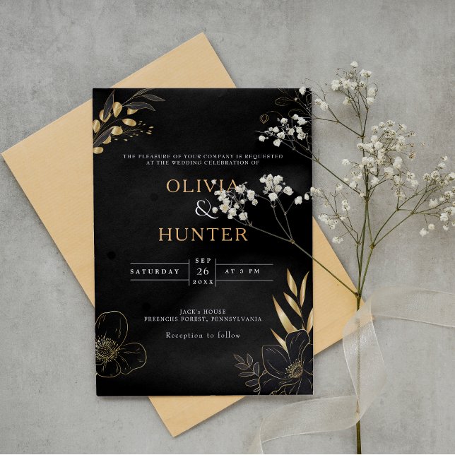 Luxury Black & Gold Floral minimal Elegant Photo Invitation (Modern Black, Gold Wedding Program Fans with Photo mockup. 2)