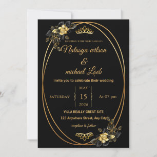 Luxury Black & Gold Floral Wedding Invitation