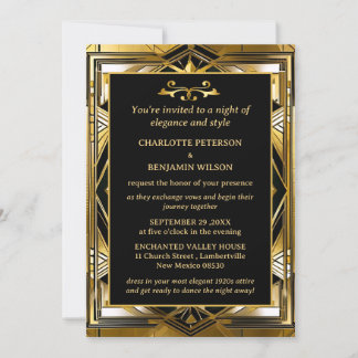 Luxury Black & Gold Gatsby Art Deco  1920s Wedding Invitation
