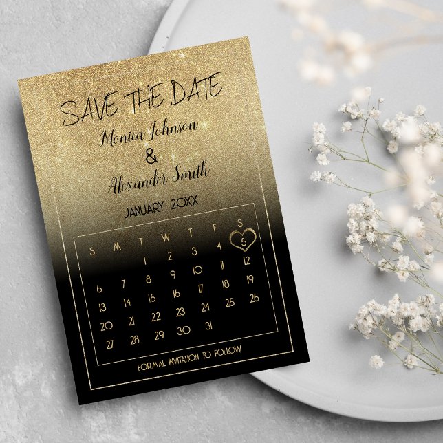 Luxury Black Gold Glitter Calendar Save the Date  Announcement Postcard (Luxury Black Gold Glitter Calendar Save the Date )