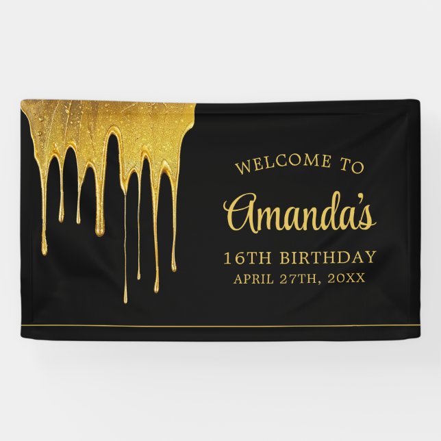 Luxury Black & Gold Glitter Drip Sweet 16 Birthday Banner (Horizontal)