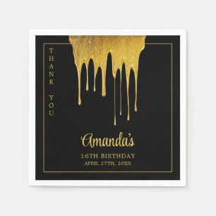 Luxury Black & Gold Glitter Drip Sweet 16 Birthday Napkin