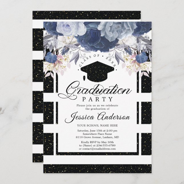Luxury Black Gold Glitter Floral Graduation Invitation (Front/Back)