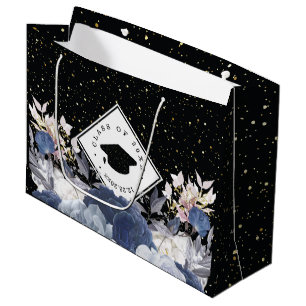 Luxury Black Gold Glitter Floral Graduation Large Gift Bag