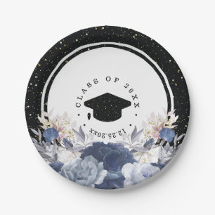 Luxury Black Gold Glitter Floral Graduation Paper Plate