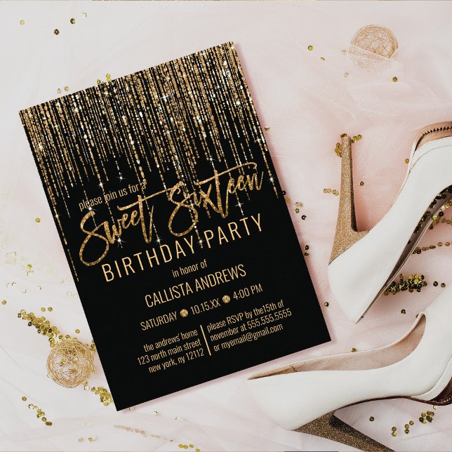 Luxury Black Gold Glitter Fringe Curtain Sweet 16 Invitation (Creator Uploaded)