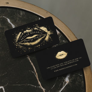 Luxury Black & Gold Glitter Lips Makeup Artist Business Card