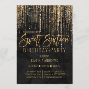 Luxury Black Gold Glitter Pearl Marble Sweet 16 Invitation