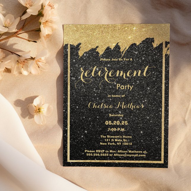 Luxury black gold glitter Retirement Party Invitation (Luxury black gold glitter Retirement Party)