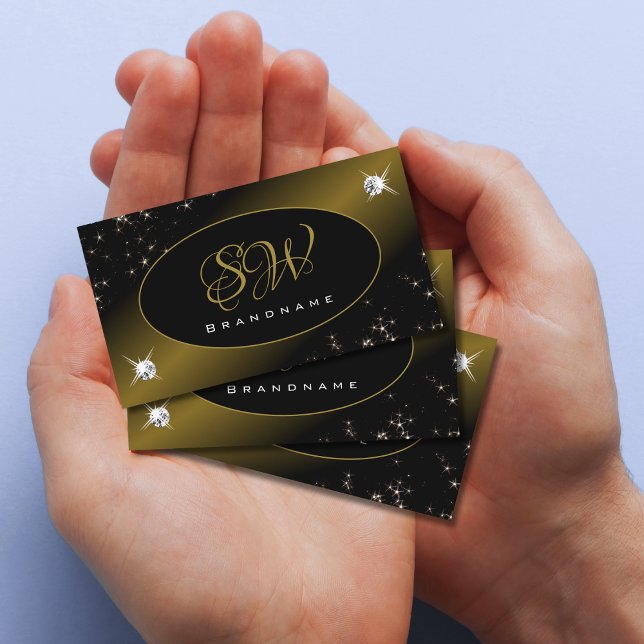 Luxury Black Gold Glitter Stars Diamonds Initials Business Card (Creator Uploaded)
