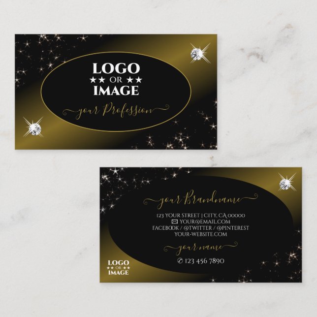 Luxury Black Gold Glitter Stars Diamonds with Logo Business Card (Front/Back)