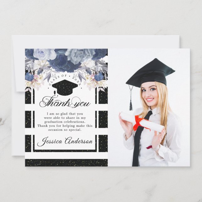 Luxury Black Gold Graduation Photo Thank You Card (Front)