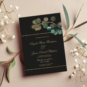 Luxury black gold green eucalyptus leaves wedding  invitation