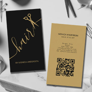 Luxury Black Gold Hair Script Scissors QR Code Business Card