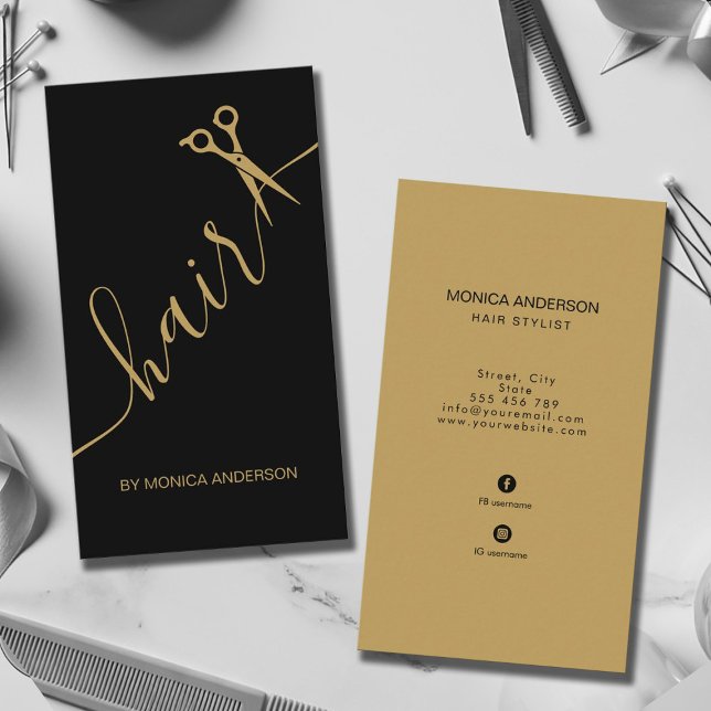 Luxury Black Gold Hair Script Scissors QR Code Business Card (Luxury Black Gold Hair Script Scissors QR Code Business Card)