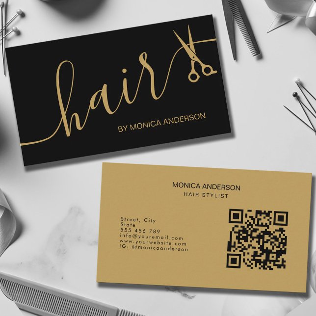 Luxury Black Gold Hair Script Scissors QR Code Business Card (Luxury Black Gold Hair Script Scissors QR Code Business Card)
