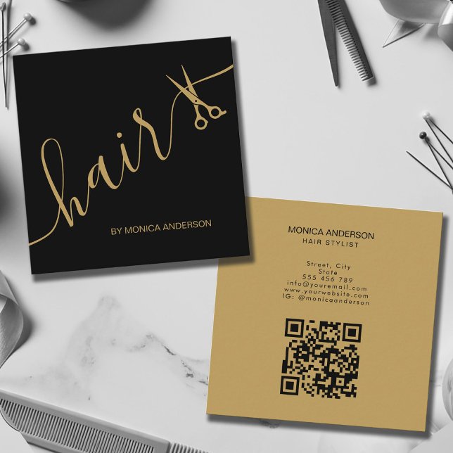Luxury Black Gold Hair Script Scissors QR Code Square Business Card (Luxury Black Gold Hair Script Scissors QR Code Square Business Card)