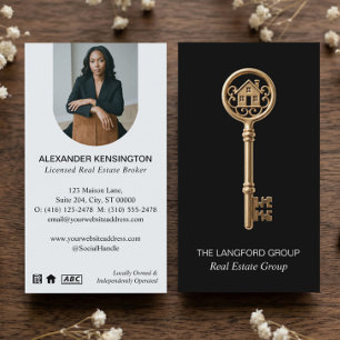 Luxury Black Gold Home Key Real Estate Agent Photo Business Card