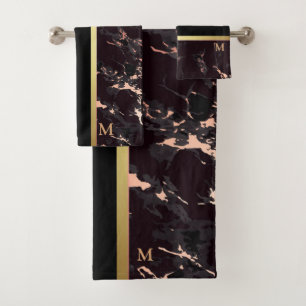 Luxury Black Gold Marble Monogrammed Bath Towel Set