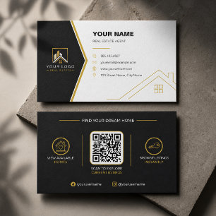 Luxury Black Gold Modern Real Estate QR Code Business Card