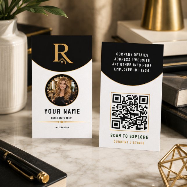 Luxury Black Gold Modern Real Estate QR Code ID Calling Card (Luxury Black Gold Modern Real Estate QR Code ID Calling Card)