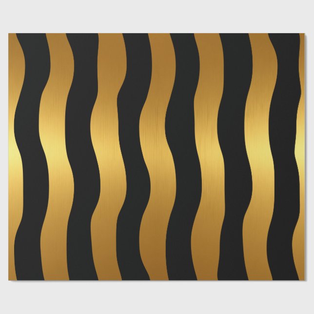Luxury Black & Gold Modern Wavy Stripes Wrapping Paper (Flat)