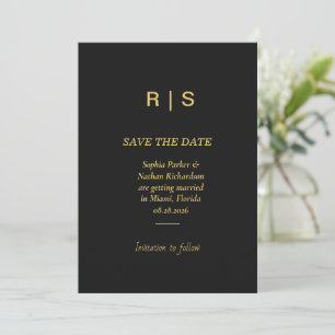 Luxury Black Gold Monogram Save The Date Card