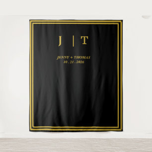 Luxury Black & Gold Monogram Wedding Backdrop Tapestry