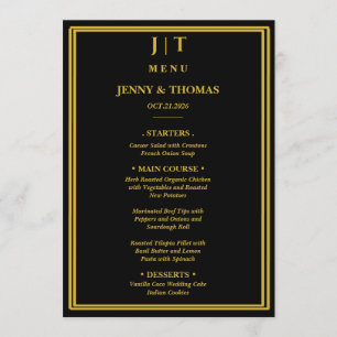Luxury Black & Gold Monogram Wedding Menu Card