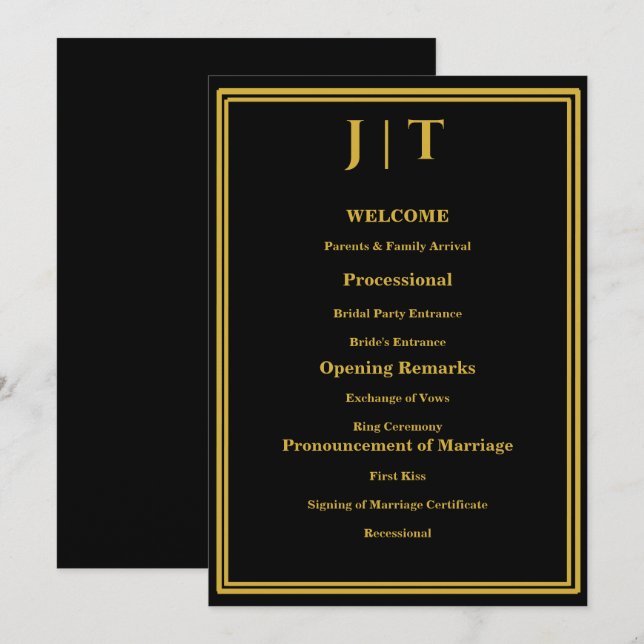 Luxury Black & Gold Monogram Wedding Program Card  (Front/Back)