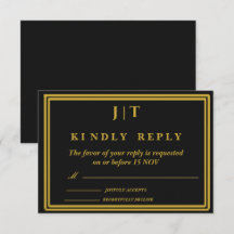 Luxury Black & Gold Monogram Wedding RSVP Card