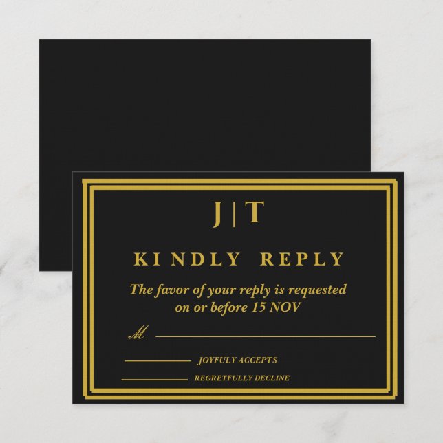 Luxury Black & Gold Monogram Wedding RSVP Card  (Front/Back)