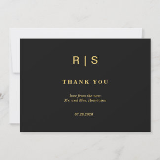 Luxury Black Gold Monogram Wedding Thank You Card 