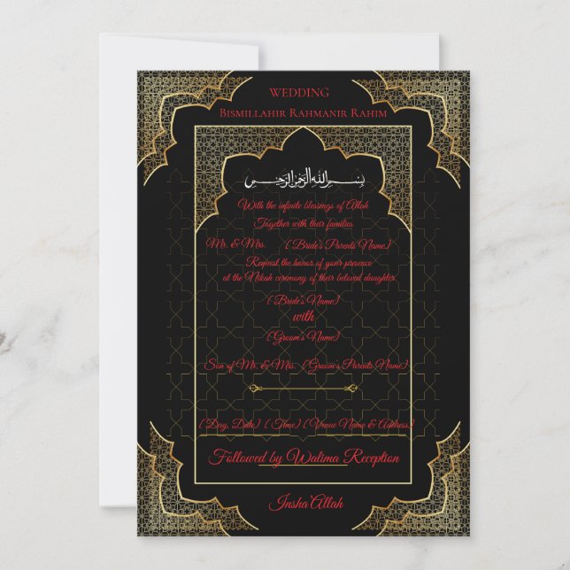 Luxury Black & Gold Muslim Wedding Invitation (Front)