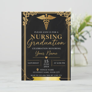 Luxury Black Gold Nursing Graduation Invite Caduce