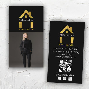 Luxury Black Gold Photo Real Estate Agent QR Code Business Card