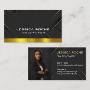 Luxury Black Gold Photo Real Estate Agent QR Code Business Card