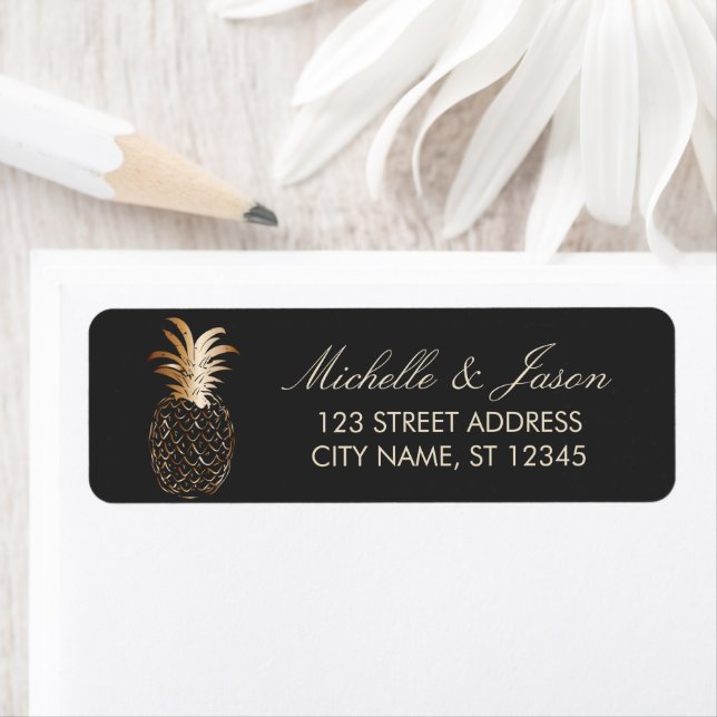 luxury Black Gold Pineapple Wedding Return Address (Insitu)