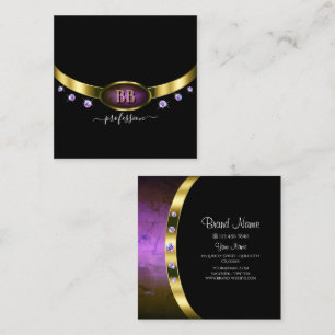 Luxury Black Gold Purple Marble Monogram Diamonds Square Business Card